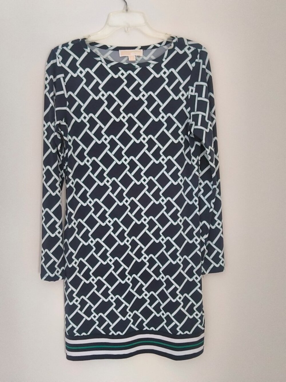 Michael Kors  navy blue and white geometric/chain-link long-sleeve dress